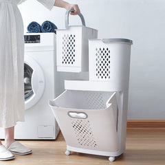 1pc, White Two-Layer, Bathroom Dirty Clothes Sorting And Storage Basket, Household Multi-Purpose Laundry Changing And Storage Basket, Upper Compartment Dirty Clothes Basket, Fruit, Vegetable, Snack And Toy Storage Basket, Large Capacity Space Saving, Non