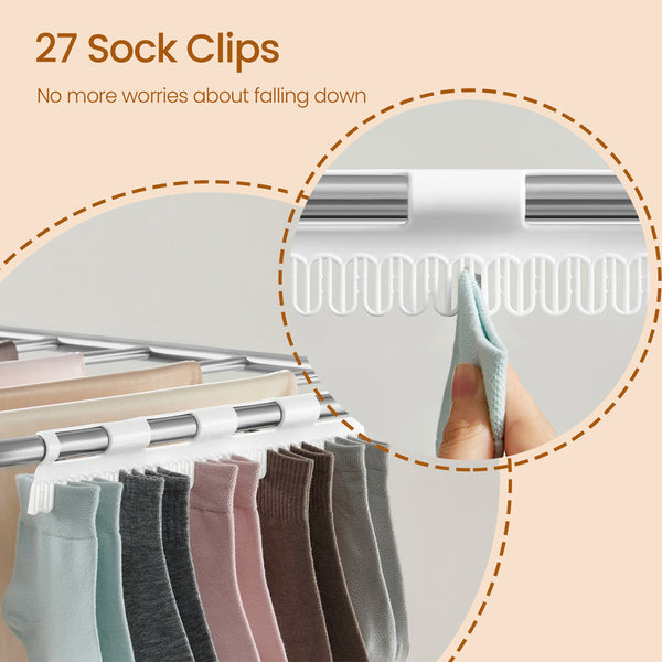 Clothes Drying Rack, Foldable 2-Level Laundry Drying Rack, with Height-Adjustable Wings, 33 Drying Rails, Sock Clips, Silver and White
