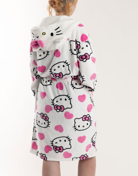 Hello Kitty Womens White Hooded Bathrobe | Cosy Fleece Loungewear with Pink Accents & Long Sleeves | Cartoon Character Design | Perfect for Relaxing Days | Hello Kitty Merch - Medium