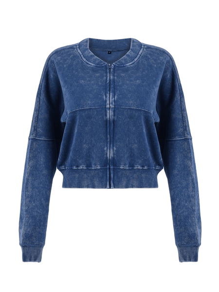 Women Acid Wash Zip Tracksuit Straight Leg Joggers - Stylish Female Jacket - Womenswear Full Sleeve Casual Comfort Zip Style Drawstring Pant