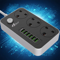 Hulker Power Strips with USB Ports 3 Way Outlets 6 USB Ports Power Socket with 2m Bold Extension Cord Smart USB Charger UK Socket/  Socket