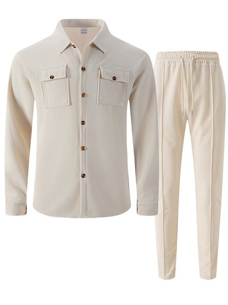 Men's Two-Piece Set, Autumn-Winter Casual Fashion Beach Dual Pocket Turn Collar Long Sleeve Shirt + Trousers Outfit for Fall/Winter Hawaiian Vacation