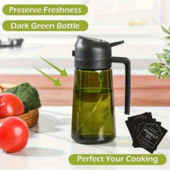 2 Kitchen Glass Olive Oil Bottles with 6 Stickers, Oil Dispenser and Cooking Spray Device, 16oz Premium Dark Green Glass Oil Bottle, Perfect Cooking Tool for Grilling, Camping, and Salads, Nozzle Design for Easy Cleaning, Suitable for Cooking