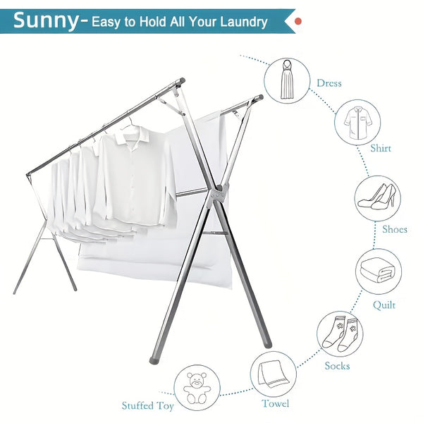 A Stainless Steel Foldable Clothes Drying Rack with Retractable Adjustable Double Bars And A Multi-Functional Drying Rack Suitable for Indoor And Outdoor Use. for Clothes, Quilts, And Bedding, It Provides Space-Saving Storage, Decoration