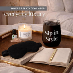 Gift Set with Wine Tumbler, Candle, Silk Sleep Mask, Bath Salts in Glass, Bath Bomb, Essential Oil, Bubble Bath Soap, Loofa and Soap Bar - Eye Catching and Unique Spa Bath Gift Set