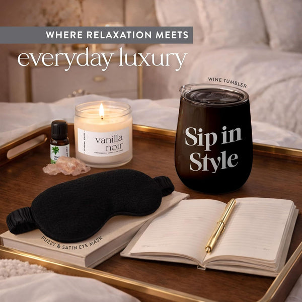 Gift Set with Wine Tumbler, Candle, Silk Sleep Mask, Bath Salts in Glass, Bath Bomb, Essential Oil, Bubble Bath Soap, Loofa and Soap Bar - Eye Catching and Unique Spa Bath Gift Set