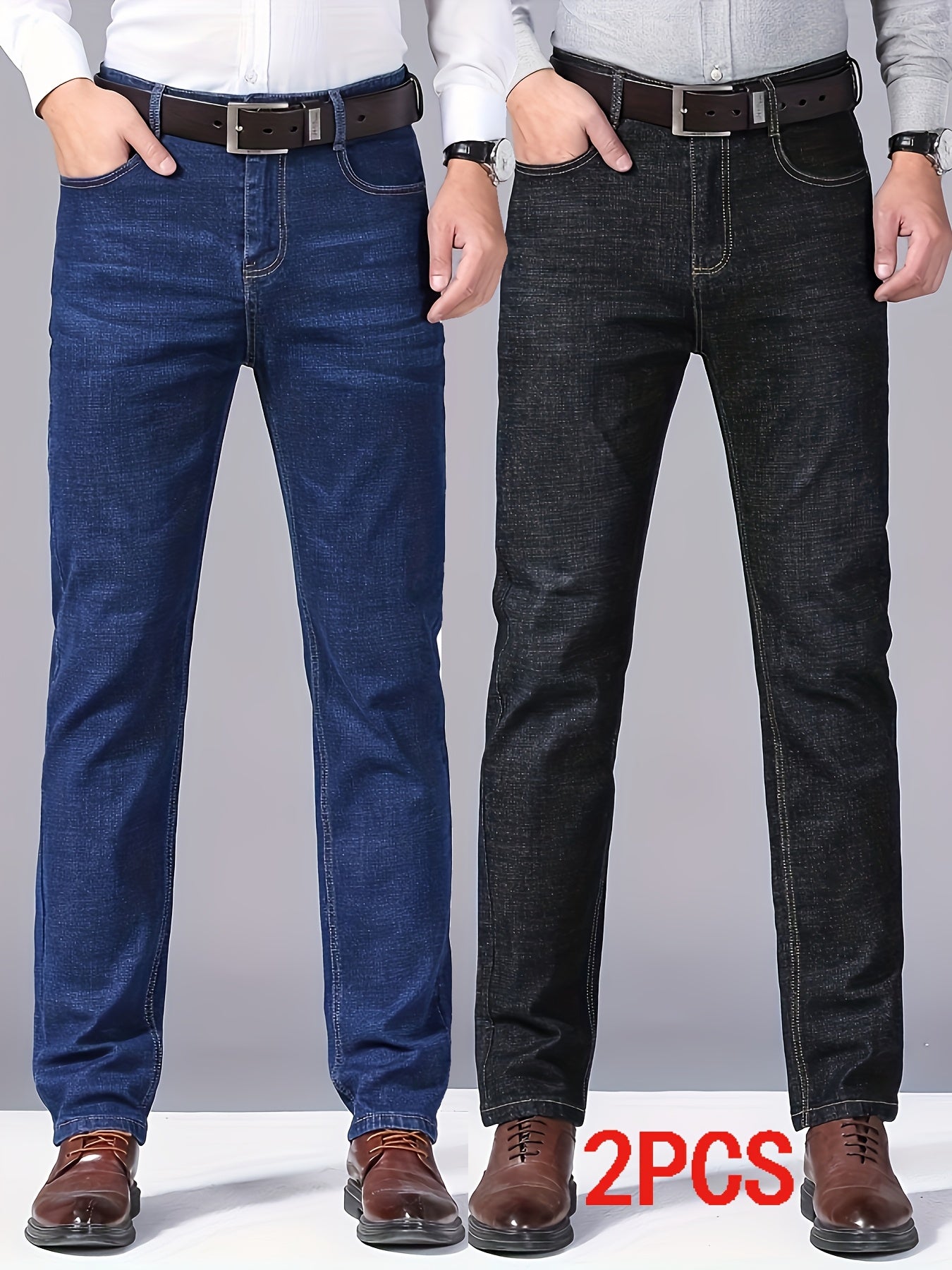 Men's Business Casual Jeans 2pcs All-Season Slim Fit Slight Straight Leg Wrinkle-Free Process Mid-Rise Comfortable Breathable for Commuting and Dating