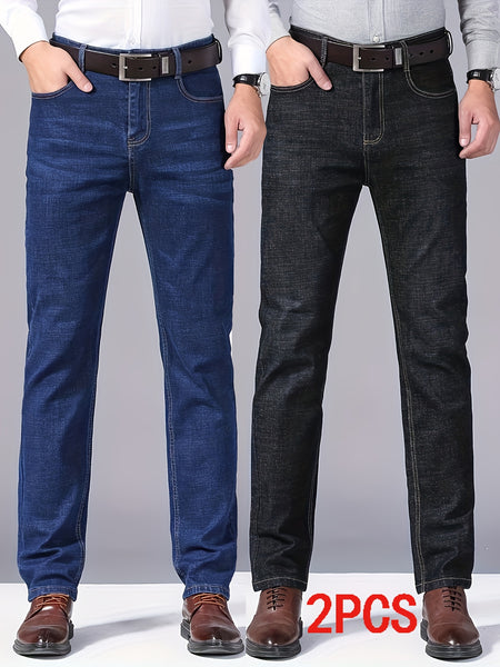 Men's Business Casual Jeans 2pcs All-Season Slim Fit Slight Straight Leg Wrinkle-Free Process Mid-Rise Comfortable Breathable for Commuting and Dating