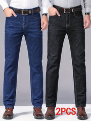 Men's Business Casual Jeans 2pcs All-Season Slim Fit Slight Straight Leg Wrinkle-Free Process Mid-Rise Comfortable Breathable for Commuting and Dating