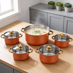 Stainless Steel Soup Pot Set (10PCS), Multi-Purpose Household Milk and Soup Pots, Multiple Sizes for Daily Cooking, Hot Pot and Noodles, Gold-Plated Handle, Orange