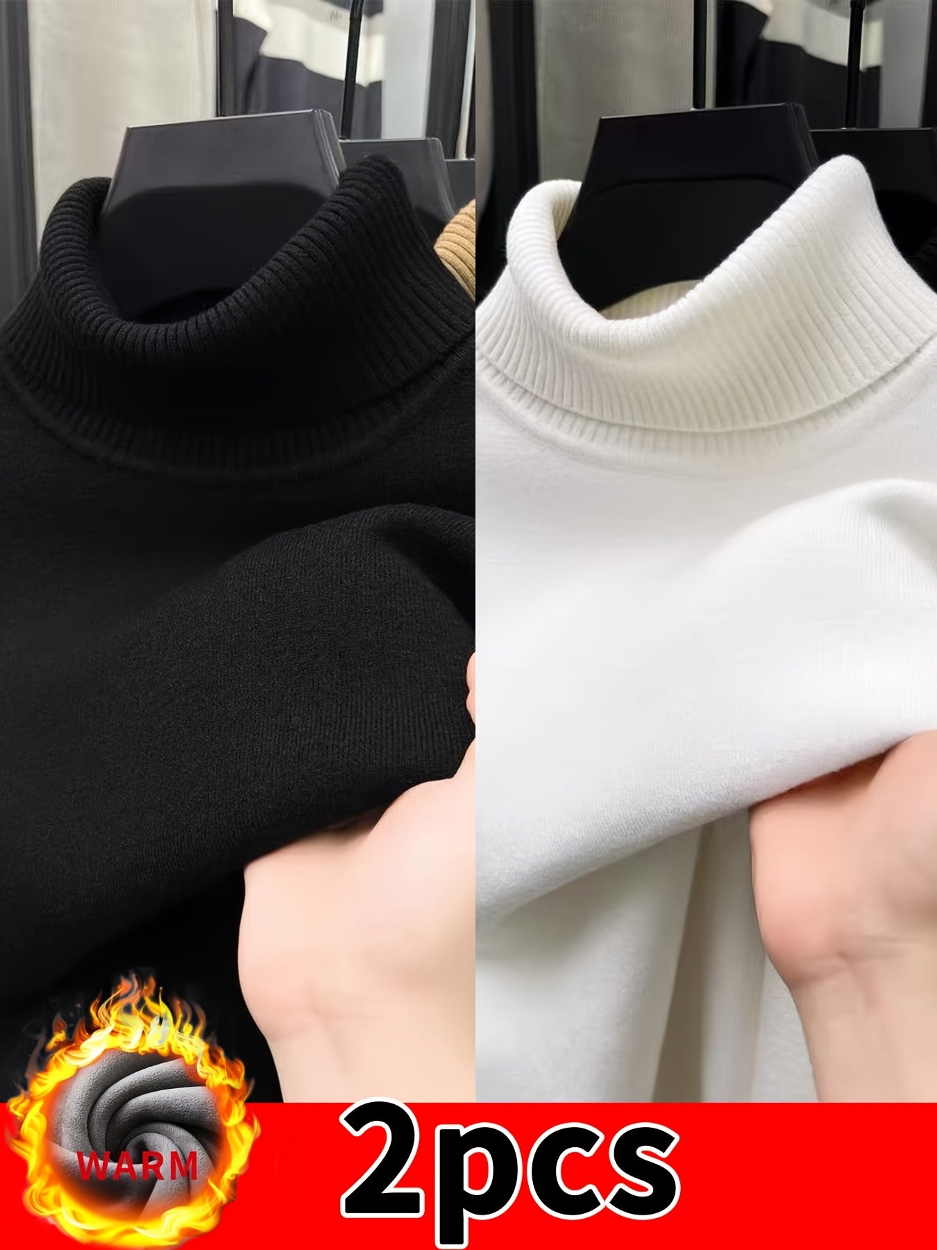 [2-Pack] Autumn/Winter -Lined Thermal High-Neck Sweater, Black and White Solid Color Base Layer Knit Top, Thickened Pullover, Suitable for Outings and Travel