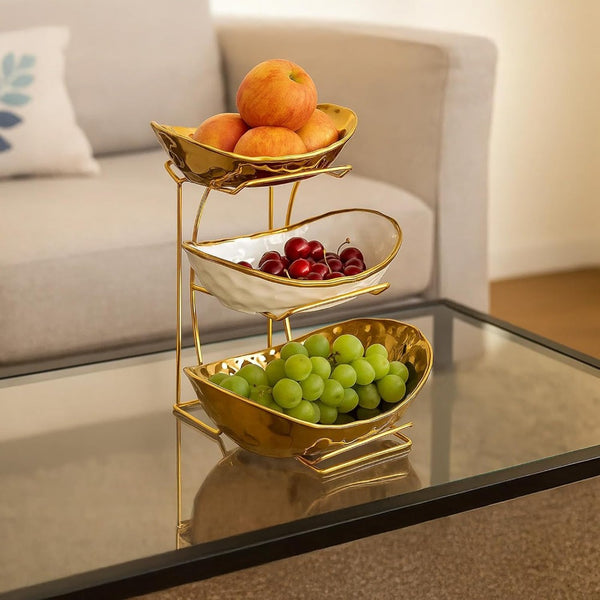 Premium 3-Tier Kitchen Fruit Basket – Gold Metal Rack with Three Big Bowls for Snacks, and Baked Goods – Space-Saving Design