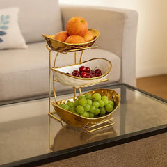 Premium 3-Tier Kitchen Fruit Basket – Gold Metal Rack with Three Big Bowls for Snacks, and Baked Goods – Space-Saving Design