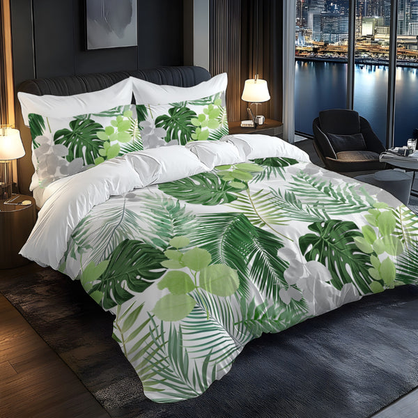 Monstera Green Bedding Set with Digital Printed Duvet Cover And Pillowcases