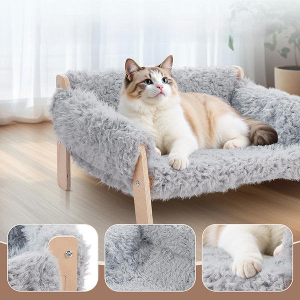 Large Cat Sofa Dog Bed, Sturdy Wooden Pet Sofa for Indoor Cats, Soft Cat Couch Wooden Cats Hammock Suitable for Kitten, Puppy Gray 56x45x27cm