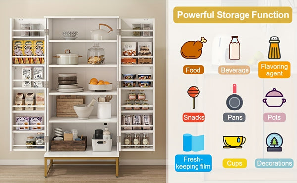 129.54cm Kitchen Cupboard Pantry with Doors And Adjustable Shelves, White Storage Cupboard, Freestanding Storage Cabinet for Kitchen, Living Room And Dining Room Kitchen Organizers And Storage