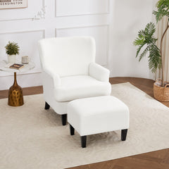 White Teddy Fabric Lounge Chair with Ottoman - 69x58x85.5cm Plush Armchair, Sponge Cushion & Plywood Frame, for Living Room/Bedroom (Black Wooden Legs)