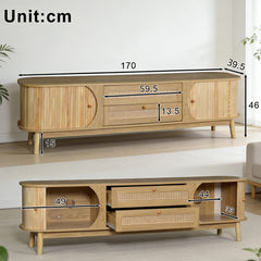 Natural Country Style TV Stand - Wood-Blend Cabinet With Doors Drawers, Rattan Sides, Practical Storage Solution For Living Room Home