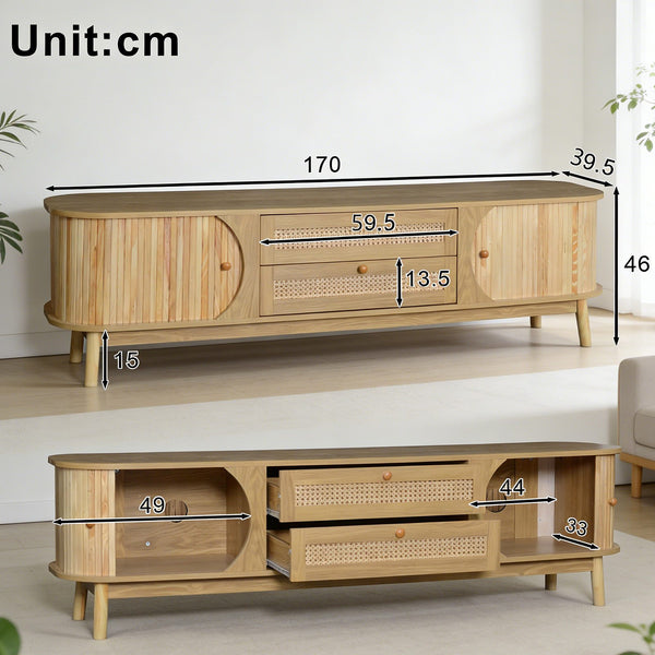 Natural Country Style TV Stand - Wood-Blend Cabinet With Doors Drawers, Rattan Sides, Practical Storage Solution For Living Room Home