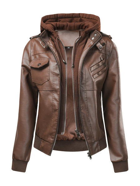 In Stock / Women's PU Jacket Hooded 2-in-1 Look Motorcycle Jacket for Spring and Autumn Wear, Gift, Women's Jacket, Casual Women's Coat, Jacket
