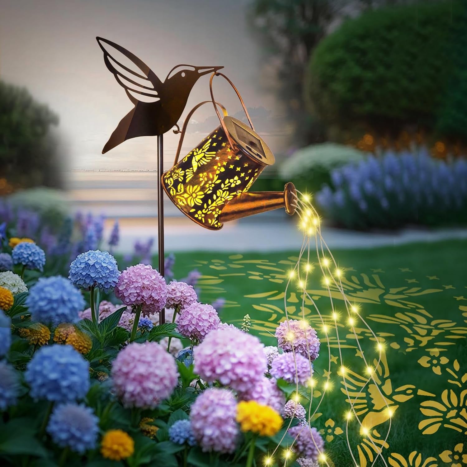 Solar Lights Garden Decorations, LED Watering Can Star Shower Art Light with Hummingbird Bracket, Solar String Lights Waterproof for Garden Patio Yard Pathway Outdoor（Warm White）