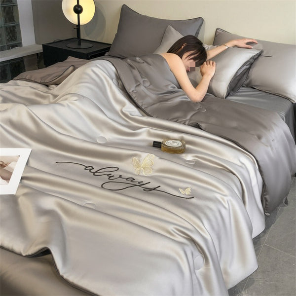 3PCS Luxury Embroidered Summer Bedding Set, Air-Conditioning Thin Quilt Set, Washed Twill Lightweight & Soft Breathable for Hot Sleepers, Machine Washable, Comtemporary Style 100% Polyester (1 Duvet + 2 Pillowcases, Without Pillow Inserts)