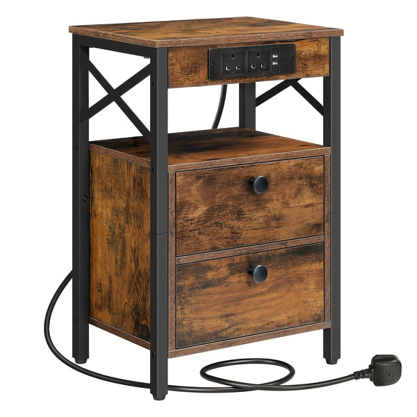 X-shaped Bedside Table with Charging Station | 2 USB Ports, 2 AC Outlets, 2 Drawers, Rustic Brown, 38 x 28 x 60 cm, HOOBRO