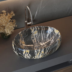 1pc Countertop Bathroom Sink, Black Marble Texture Oval Ceramic Wash Basin, Porcelain Ceramic Vessel Vanity Sink for Vanity Cabinet Cloakroom, Laundry Room, Bathroom, Washroom, 48x34x14cm
