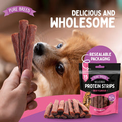 Pure Breed 12 Pack Dog Protein Strips Beef Flavour | High Protein Dog Treats | Low Calorie Soft Dog Training Treats | Resealable Bulk Dog Reward Snacks