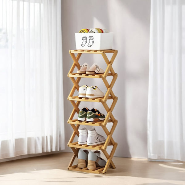 4/5/6/7 Tiers Bamboo Wooden Shoe Rack, Vertical Shoe Racks Storage Shelves Tall Shoe Tower, Collapsible Narrow Shoe Stand, Installation Free Folding X-Shape Shoe Racks Sneakers Slippers Holder Organizer, Multi Functional Shoe Rack Durable Footwear Cabinet