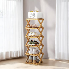 4/5/6/7 Tiers Bamboo Wooden Shoe Rack, Vertical Shoe Racks Storage Shelves Tall Shoe Tower, Collapsible Narrow Shoe Stand, Installation Free Folding X-Shape Shoe Racks Sneakers Slippers Holder Organizer, Multi Functional Shoe Rack Durable Footwear Cabinet
