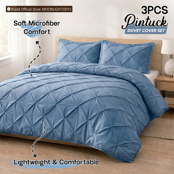 3pcs Luxury Pintuck Duvet Cover Set – Soft Breathable Microfiber Bedding Set, Elegant Pleated Design, Hotel Quality, Machine washable, All season use for Single, Double, King & Super King Sizes
