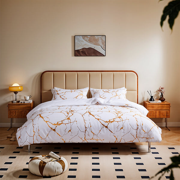 1set White Gilded Marble Pattern Duvet Cover Pillowcase Three-Piece Bedding Set with 2 Pillowcases for All Seasons and 1 Soft Duvet Cover Home Bedding Three-Piece Set