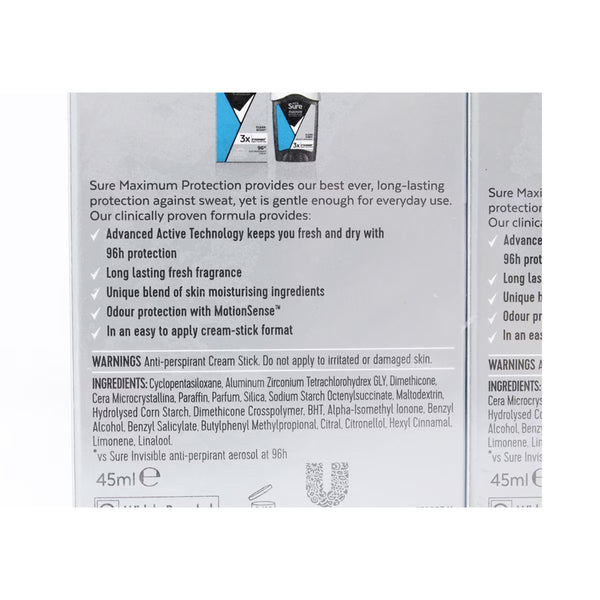 Sure Men Maximum Protection Anti-Perspirant Cream Deodorant, 2 X 45Ml
