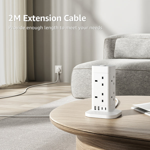 2M Tower Extension Lead With USB Slots, Hotimy 8 Way 4 USB (2 USB-A&2 USB C) Multi Plug Extension Tower, Surge Protected Extension Lead With Switch, 2 Meters Extension Cable For Home Office 13A 3250W