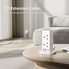 2M Tower Extension Lead With USB Slots, Hotimy 8 Way 4 USB (2 USB-A&2 USB C) Multi Plug Extension Tower, Surge Protected Extension Lead With Switch, 2 Meters Extension Cable For Home Office 13A 3250W