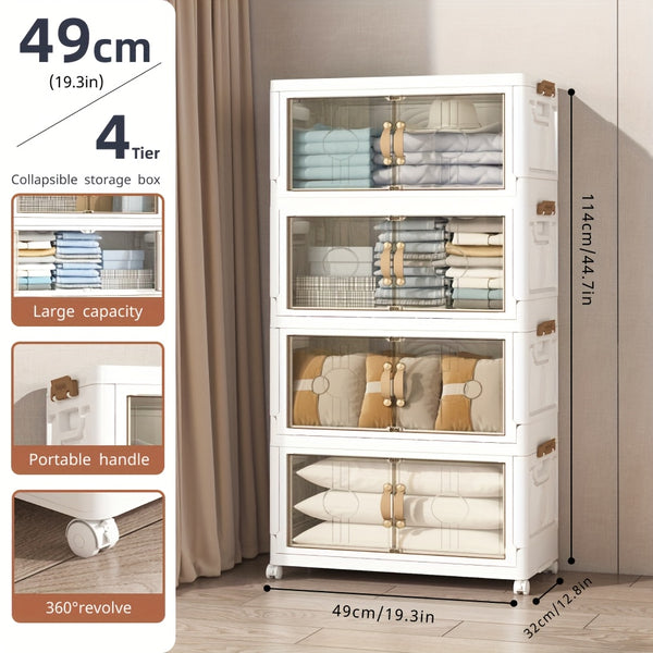 Large Foldable & Stackable Storage Cabinet with Wheels - Heavy-Duty Suitable for, Office, Dorm System, 2/3/4/5-Tier Plastic Shelving Unit with Lids, Space-Saving Foldable for Wardrobe, Bathroom, Freestanding Use