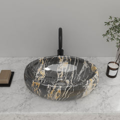 1pc Countertop Bathroom Sink, Black Marble Texture Oval Ceramic Wash Basin, Porcelain Ceramic Vessel Vanity Sink for Vanity Cabinet Cloakroom, Laundry Room, Bathroom, Washroom, 48x34x14cm