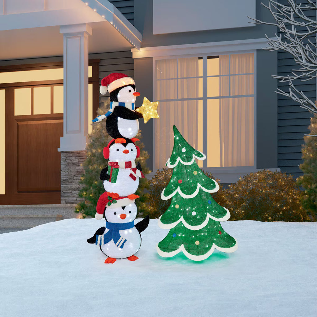 6Ft (1.8M) Stacked Penguin Trio with Twinkle Lights