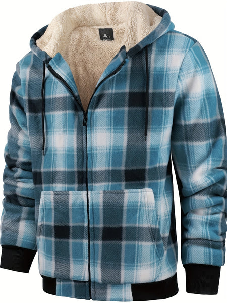 Men's Heavyweight -Lined Hooded Jacket - Full-Zip Plaid Thickened Shirt with Pockets and Adjustable Drawstring, Comfortable and Warm for Autumn and Winter