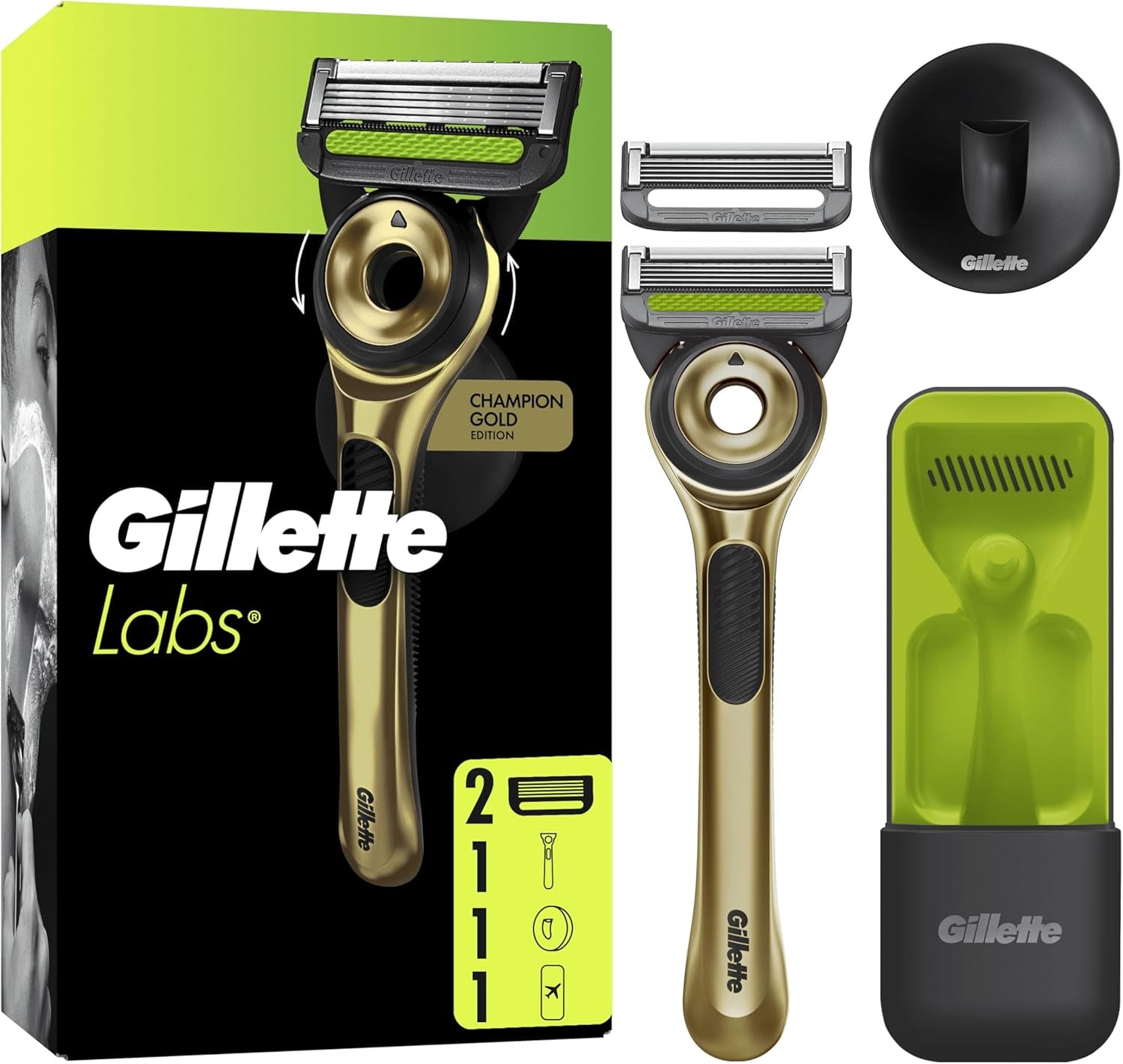 Gillettelabs with Exfoliating Bar, Razor for Men Champion Gold Edition, 1 Handle - 2 Blades, Includes Travel Case for Convenient Storage on the Go and Wall Hanger for Easy Storage in the Bathroom