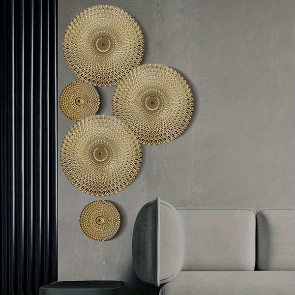 5/6/7pcs Elegant Golden Iron Art Round Wall Hanging Decor | European Style Wall Mount Home Decor for Living Room, Bedroom, Dining Room | Ideal Housewarming Gift, Art Deco Style, Iron Material