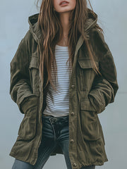 Women's Heavy-Duty -Style Hooded Jacket - All-Season Thick Winter Coat with Multi-Pocket Design, Olive Green Workwear Outerwear, Hood for Casual & (Machine Washable)