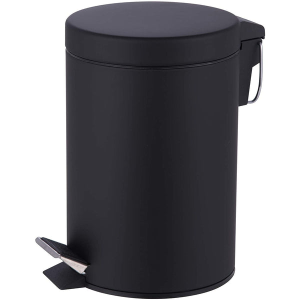 3L Pedal Bin Round Matt Black - Stainless Steel Pedal Bin with Lid - Household Rubbish Bin for Bathroom, Kitchen & Office - Rustproof Dustbin with Removable Plastic Container - Garbage