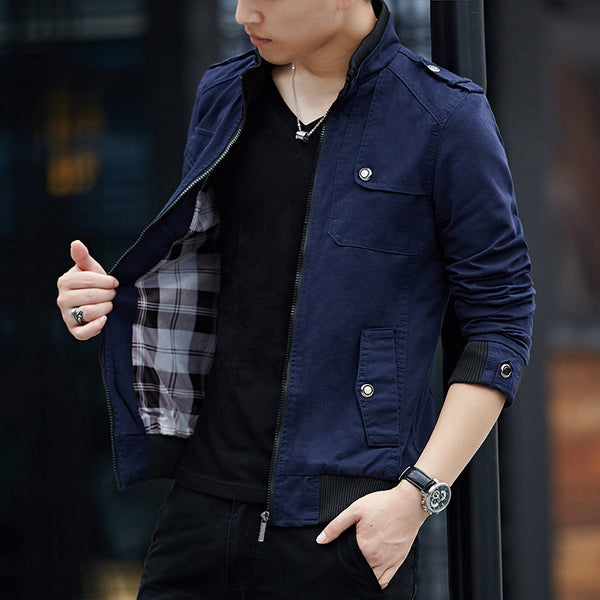 Men'S Solid Color Plaid Lining Cargo Jacket Autumn And Winter Multi-Pocket Design Stylish Long Sleeve Stand Collar Street Jacket Outdoor Coat Locomotive Jacket
