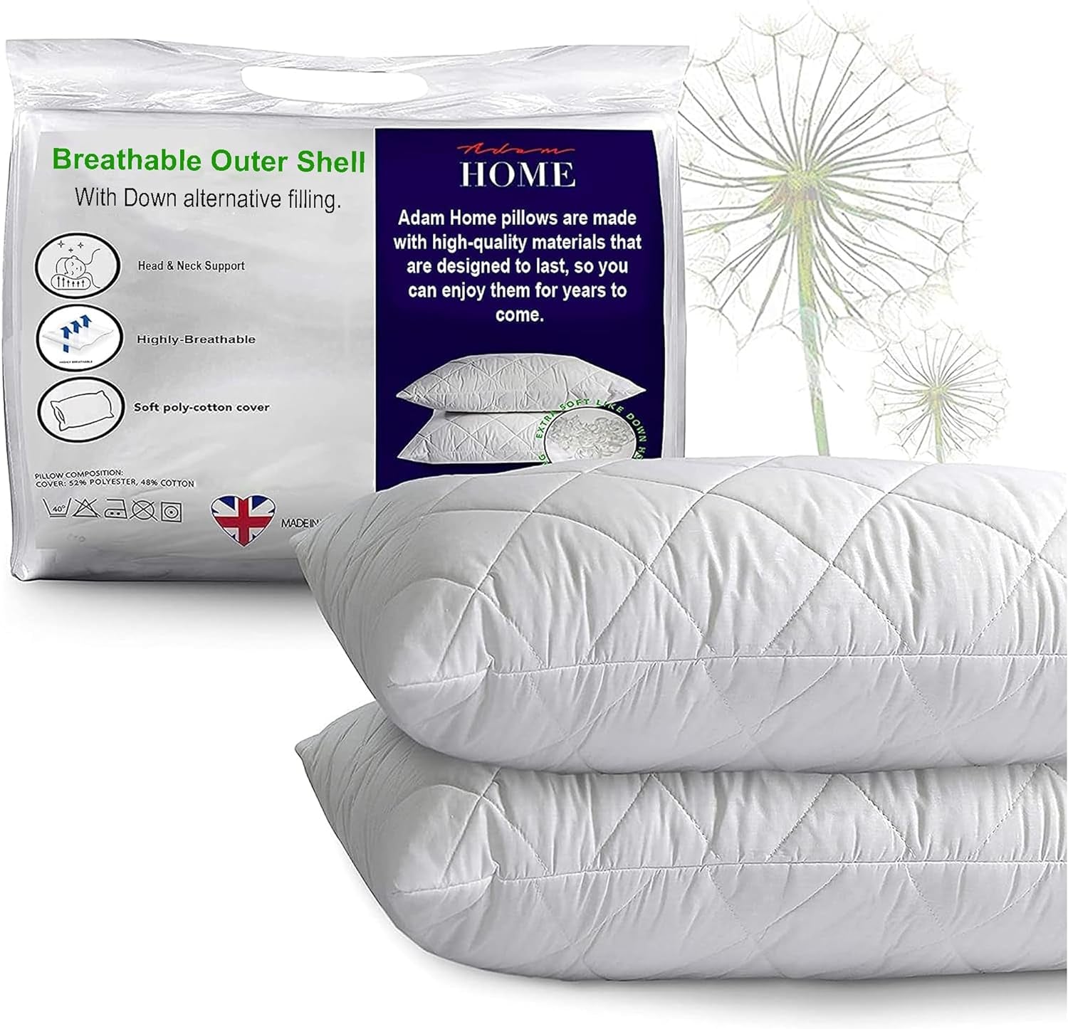 Adam Home Pillows 2 Pack Hotel Quality with Quilted Cover Hypoallergenic & Dust Mite Resistant Filling – Ideal for Stomach, Back and Side Sleepers down Alternative Hotel Pillows