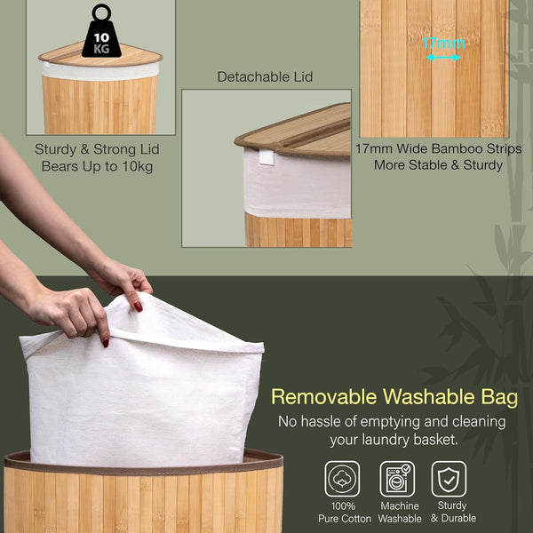 KNIGHT 57L Bamboo Laundry Hamper, Corner Laundry Basket with Swing Lid, Removable & Washable Lining, Easy to Assemble & Foldable Storage Bin,35x35x60 (Natural)