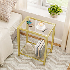 Metal Double-layer Side Table | Golden Frame with Transparent Glass Tabletop, 55cm High, Suitable for Living Room, Bedroom, Balcony, Classic Style by HOOBRO