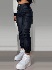 26AW Women's Stretch Vintage Versatile Casual Fashion Elegant Mid-Rise Multi-Pocket Durable Multi-Functional Elastic Cuff Wide-Leg Workwear Loose Cuff Coated Straight-Leg Denim Pants Street Style