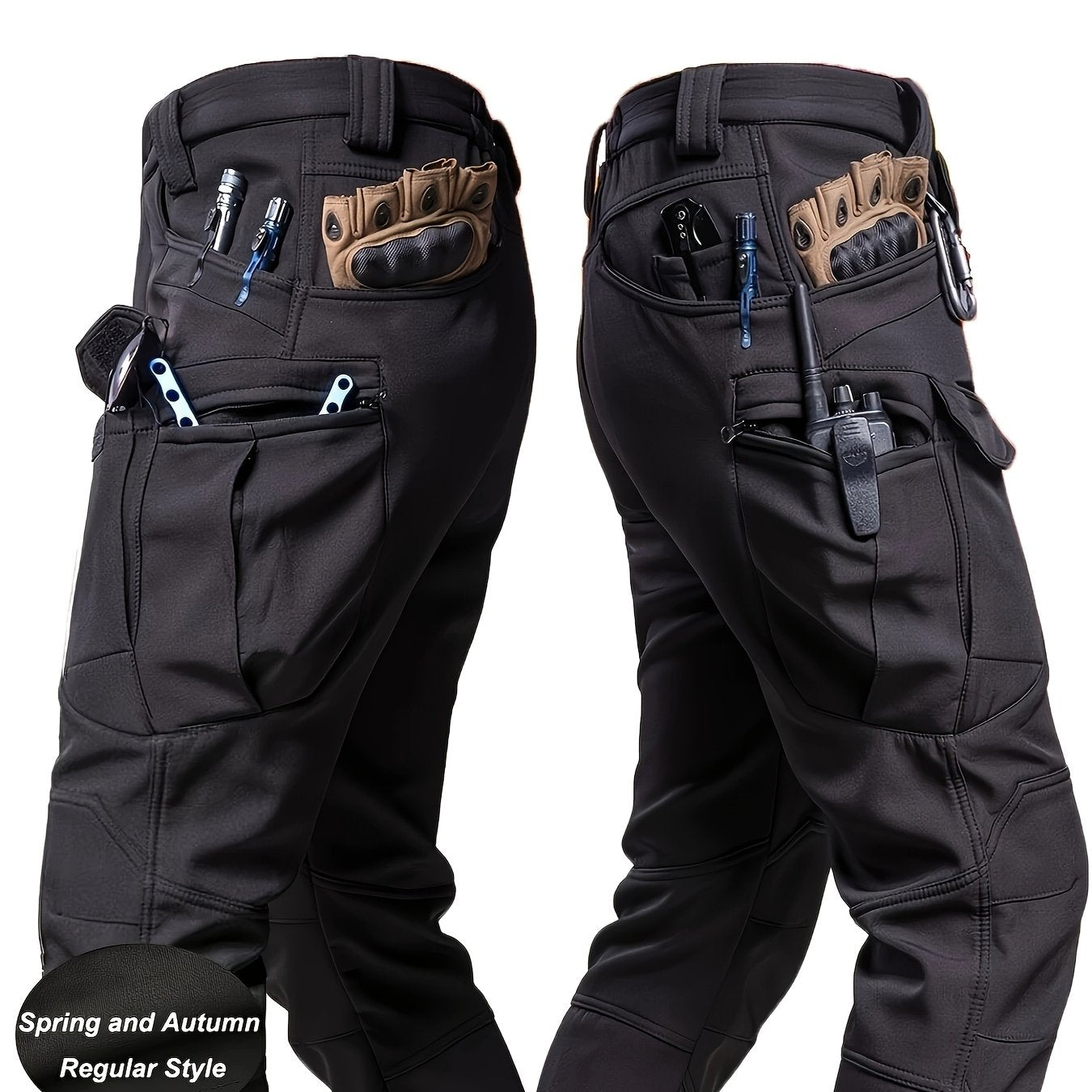 Men'S Stretchy Black Cargo Work Pants - Elastic Waist, Multi-Pocket Design for Hiking & Everyday Comfort, Durable & Comfort Fit, Outdoor Pants|Casual Cargo Pants|Glossy Finish Pant